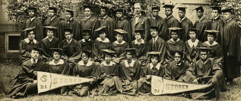 Black and white photograph of the graduating class of the historically Black school Storer college. Class of 1921.